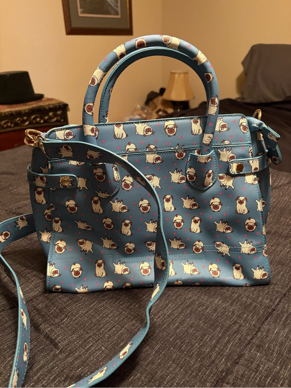 Blue Pug Print Satchel Handbag - Lindy Bop